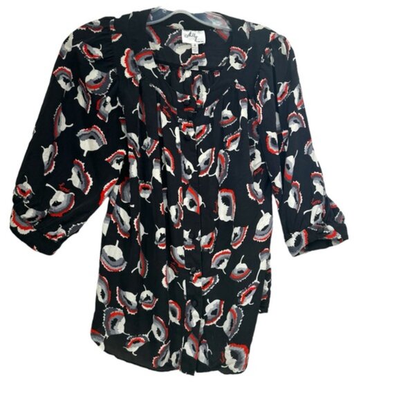 Milly Silk Floral Poppy Puff Sleeves Logo Print Button Top Blouse Oversize Shirt - Picture 2 of 15